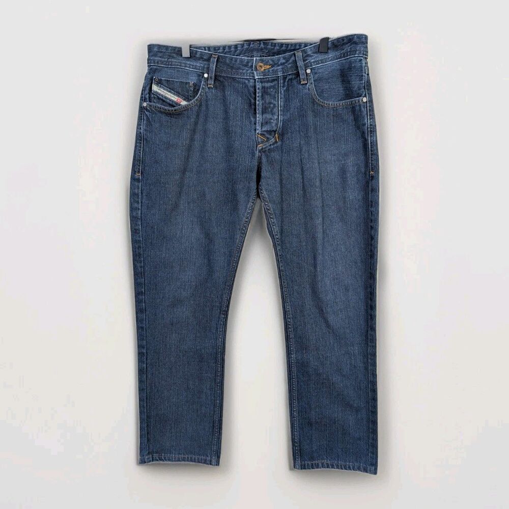 Diesel Larkee Jeans Mens 34x28 Blue Straight Leg Button Fly Hemmed Denim